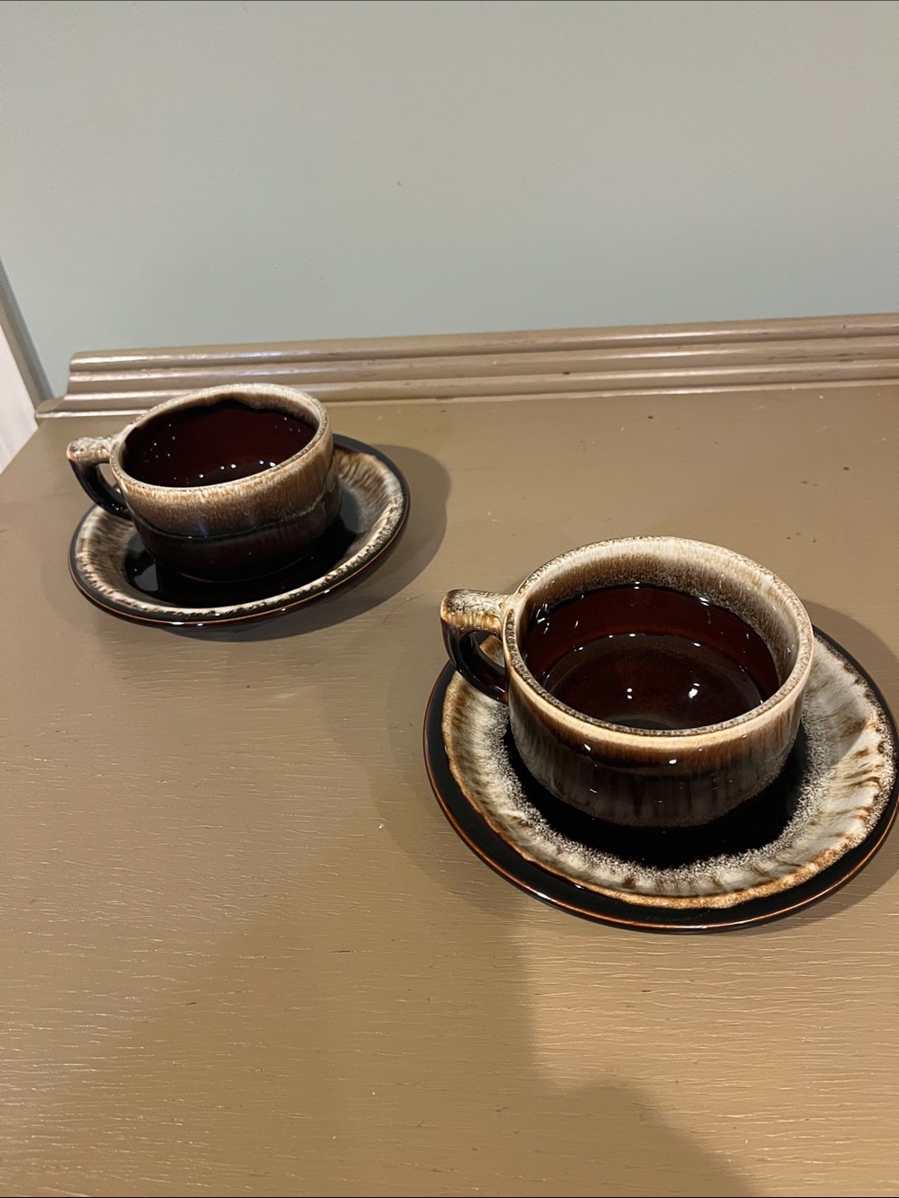 Vintage Pfaltzgraf USA Brown Drip Glaze Coffee cup and saucers set of 2.